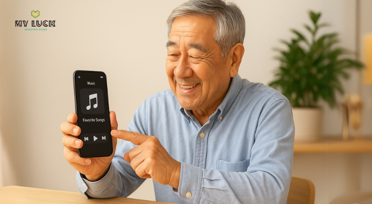 ผู้สูงอายุกำลังเลือกเพลงโปรดบน application